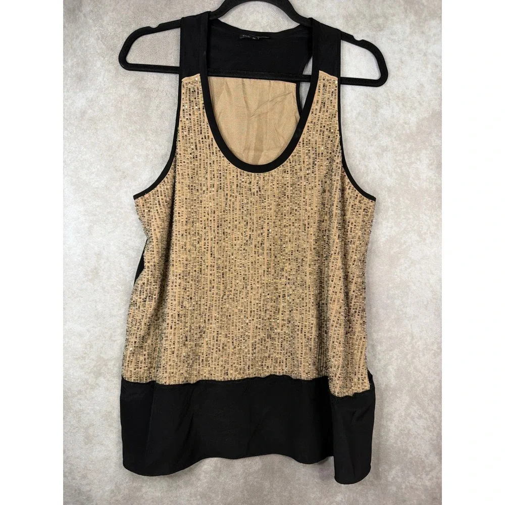 Eileen Fisher Tank Top Women Medium Black Gold Silk Sequined Racerback Shell - Picture 1 of 6